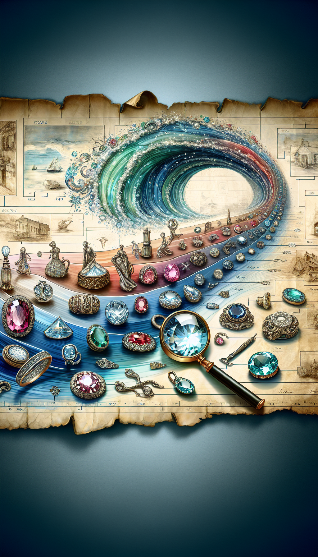 A whimsical timeline unfurls to display a progression of shimmering, meticulously detailed gemstones, each cut reflecting historical eras—ancient cabochons to Georgian rose cuts and Victorian old mine cuts. Beside them, a magnifying glass hovers, revealing the intricate settings and hallmarks beneath, transforming the timeline into an interactive guide for antique jewelry identification. The styles alternate between realistic and impressionist brushstrokes, evoking the passage of time.