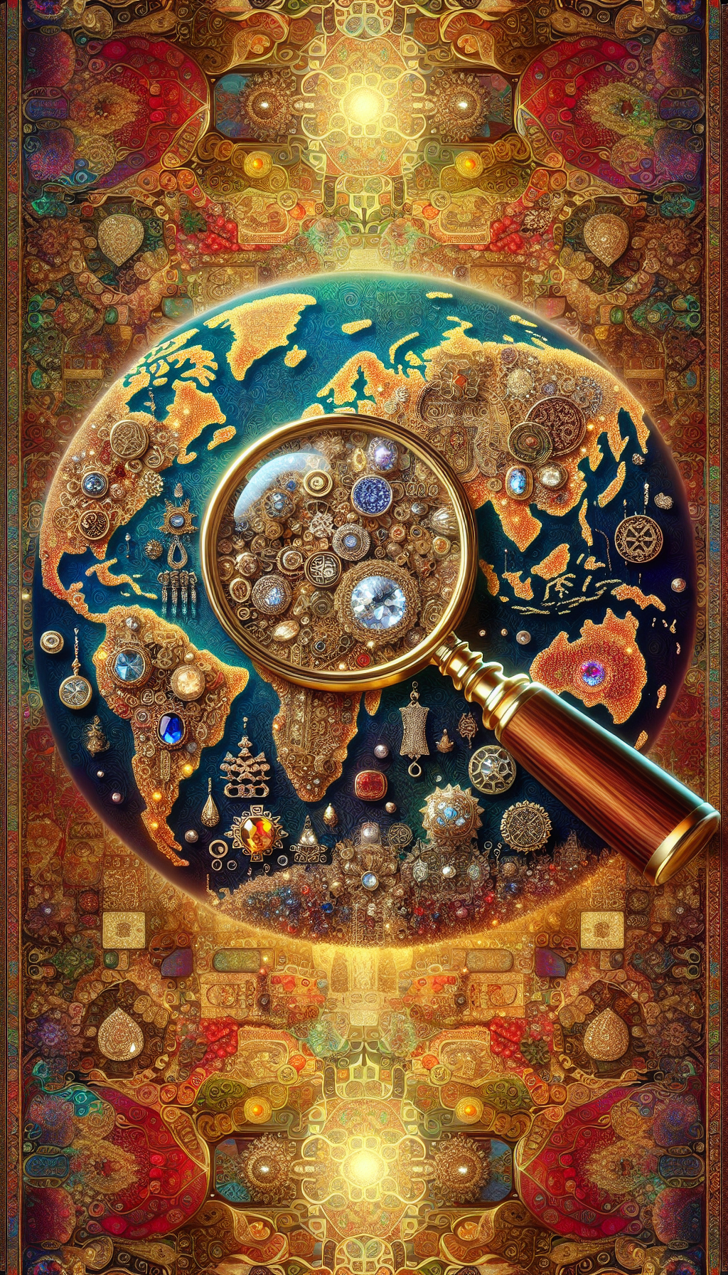 A vibrant tapestry serves as the backdrop to a magnifying glass hovering over a richly detailed map, with ornate jewelry patterned with cultural motifs of different origins scattered across the continents. Beneath the glass, the jewels sparkle with clarity, hinting at the secrets within their craftsmanship, symbolizing the quest for identification detailed in the accompanying guidebook.