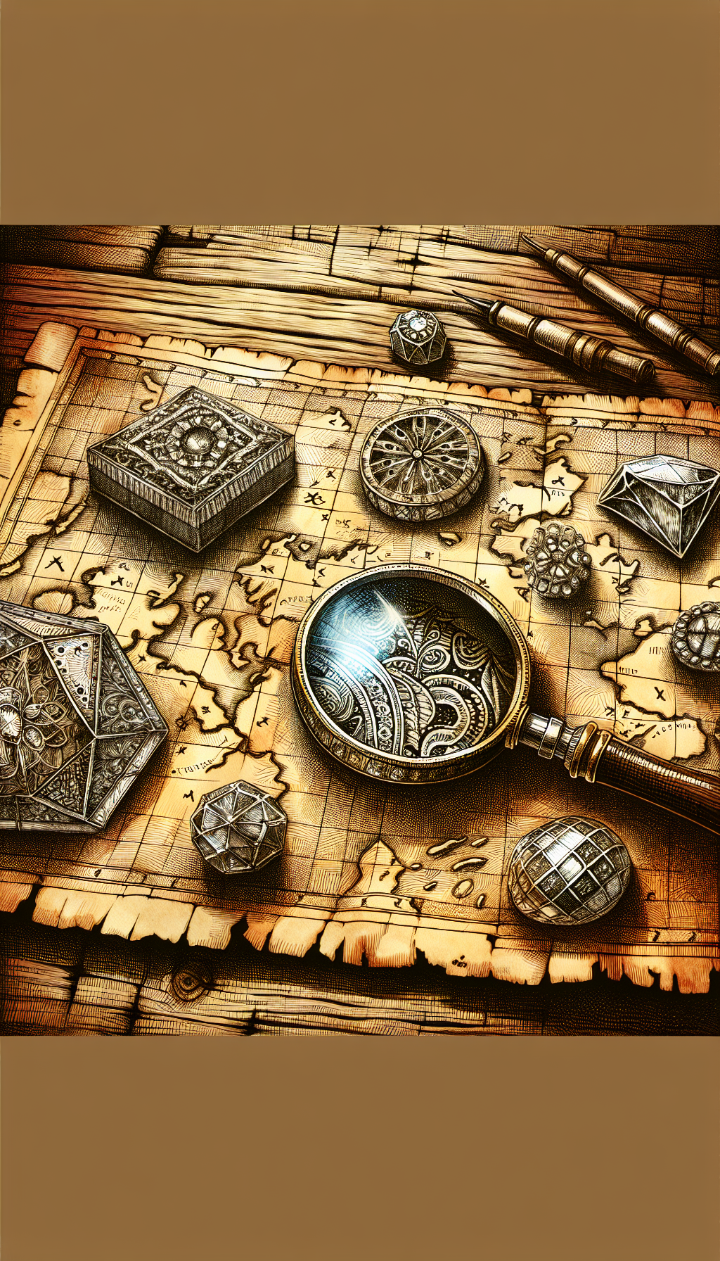An illustration depicts a vintage, sepia-toned treasure map unfurling across a rustic wooden table, with specific Fire-King patterns marked as X's. In one corner, an illustrated jeweler's loupe magnifies the rare Jadeite pattern, while other sections shimmer with the intricate designs of Philbe. The map's texture subtly transitions from sketched crosshatching to vibrant watercolors, symbolizing the rediscovery of these timeless treasures.