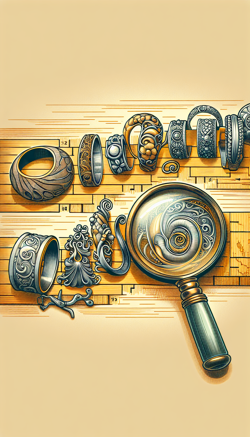 An illustrated timeline unfurls as a metallic tape measure, with distinct eras marked by iconic jewelry pieces made of era-specific alloys, morphing between styles like art nouveau curls for ancient times to sleek art deco lines for modernity. An antique magnifying glass reveals textures and compositions, symbolizing the guide to identifying each period's unique metalwork expertise.