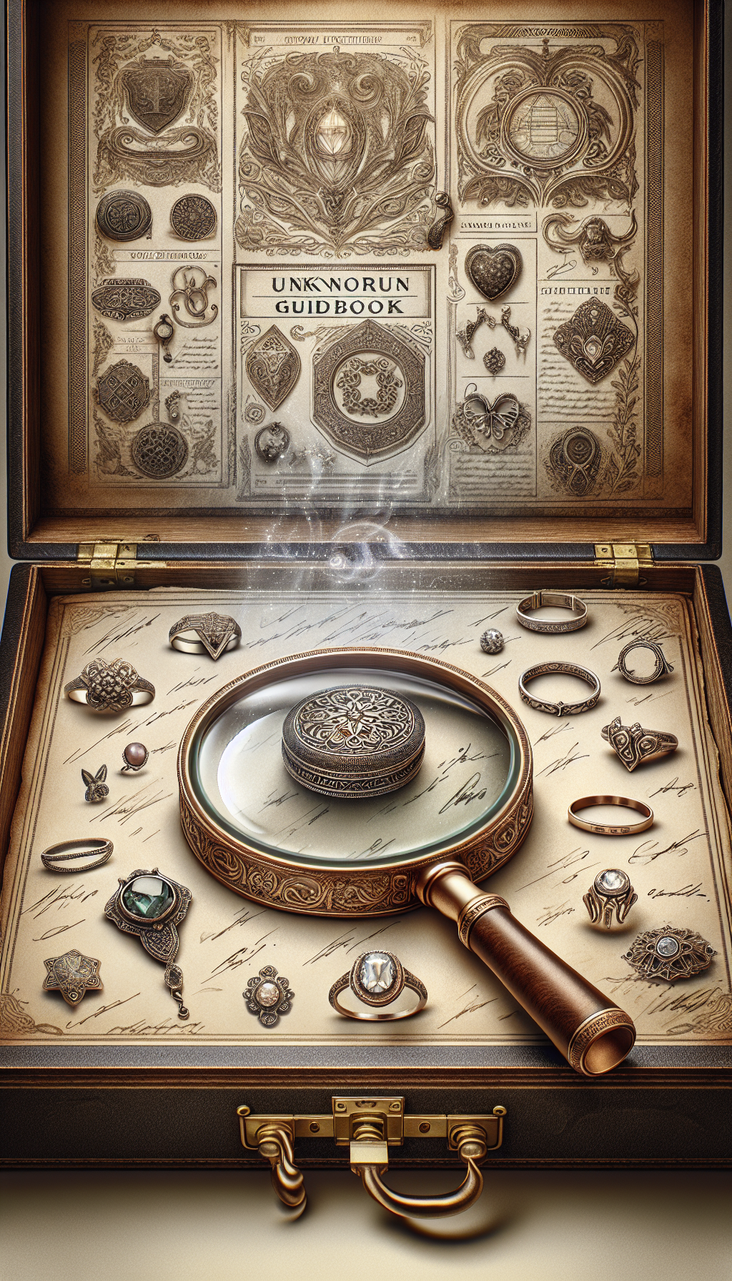 An ornate magnifying glass hovers over an open, antique jewelry box, revealing glinting signature marks of renowned jewelers on vintage rings, necklaces, and brooches, each styled distinctly to reflect its creator's era. Intricate engravings transform into a whimsical guidebook's pages bordering the scene, leading the eye on a visual quest for identifying historic treasures.