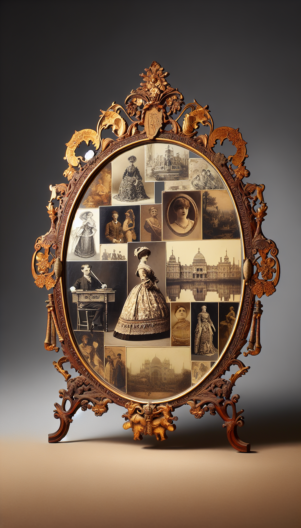 A vintage mirror stands prominently, its antique frame ornately carved with historical scenes. Within its reflective surface, a collage of sepia-toned pictorial snippets unfolds—a Victorian lady, a medieval craftsman, hints of royal palaces—each evoking a past era. Faint golden lines intersect, forming the silhouette of a price tag, subtly indicating the mirror's esteemed value.
