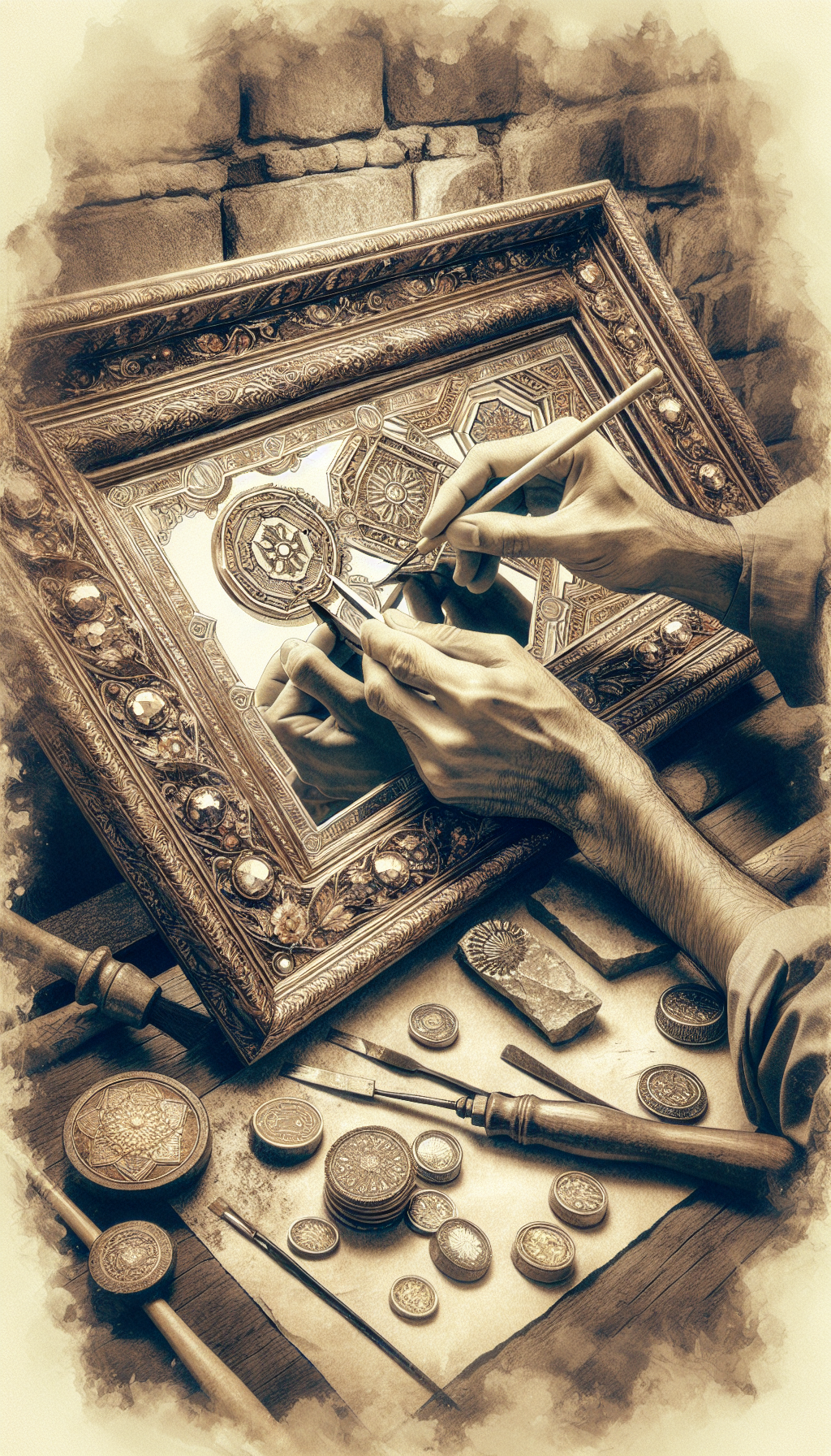An illustration depicting an artisan's hands delicately etching intricate details onto the frame of an ornate antique mirror, with the mirror surface reflecting symbols of value - such as rare gems and golden coins - blending with tools of the trade like a chisel and brush. The artwork utilizes a sepia-toned watercolor style to evoke the timelessness and elegance of the antique.