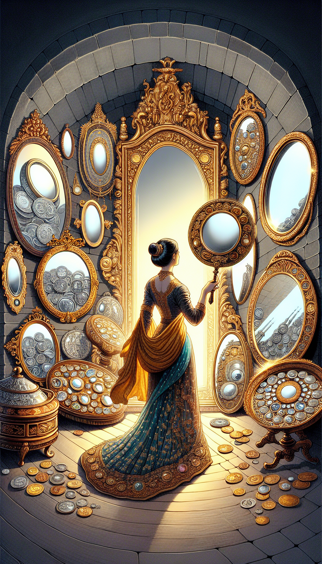 A whimsical illustration featuring a collage of antique mirrors in various historic styles—Baroque, Rococo, Victorian—each reflecting coins and gemstones instead of people, symbolizing their value. At the center, a person peers through a large, ornate looking glass, framed by intricate motifs, highlighting the discovery of the era and style of each mirror piece, as they step into a past age of elegance.