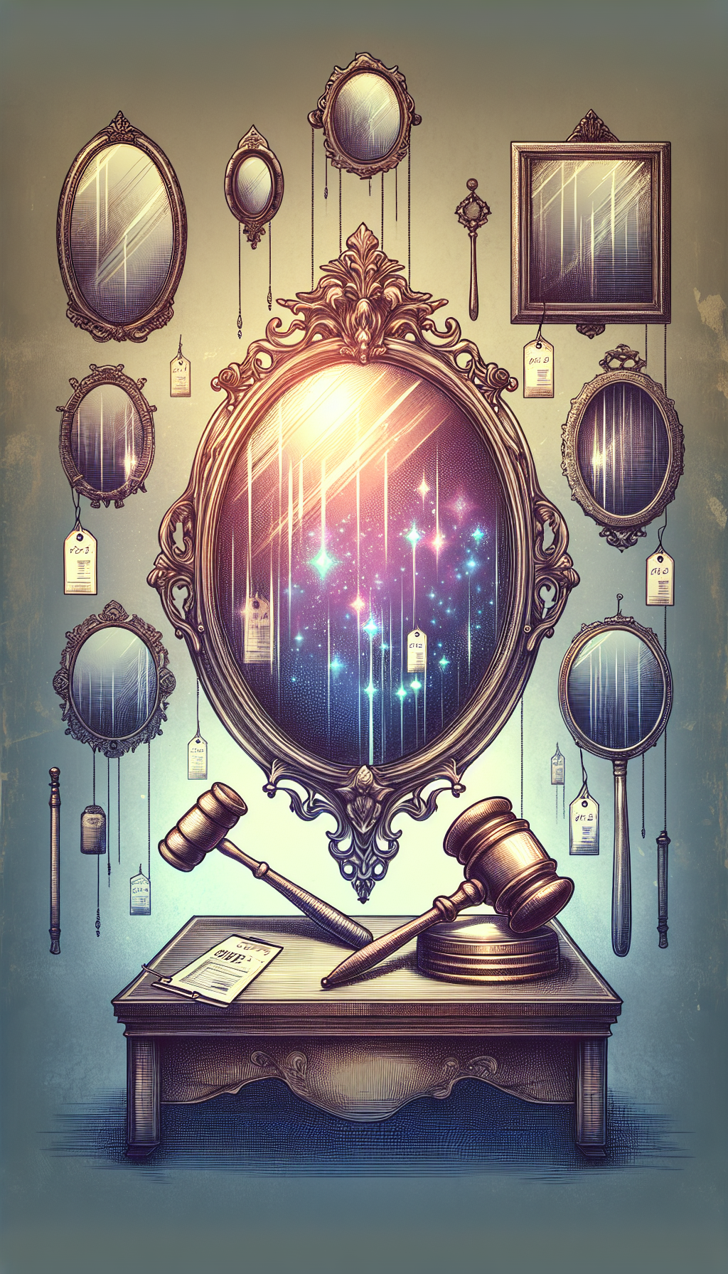 An illustration depicts an ornate antique mirror reflecting a gavel and an auctioneer's paddle, placed amid a fading gradient representing time's passage. Different styles of mirror frames and valuables are subtly etched into the background, symbolizing the diversity in valuation based on condition and originality, while sparkling price tags hover like specters around the mirror's reflective surface.