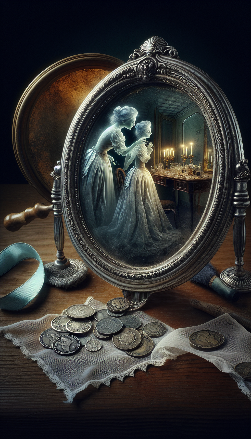 A Victorian-style hand mirror frames the scene, with a ghostly figure polishing its reflective surface, illuminating half the mirror to reveal a vibrant, detailed reflection of an opulent bygone era, while the unpolished half remains dull and obscured. Beside the mirror, antique coins and a ribbon-labeled scroll reading "Value Through Restoration" hint at the increased worth with proper care.