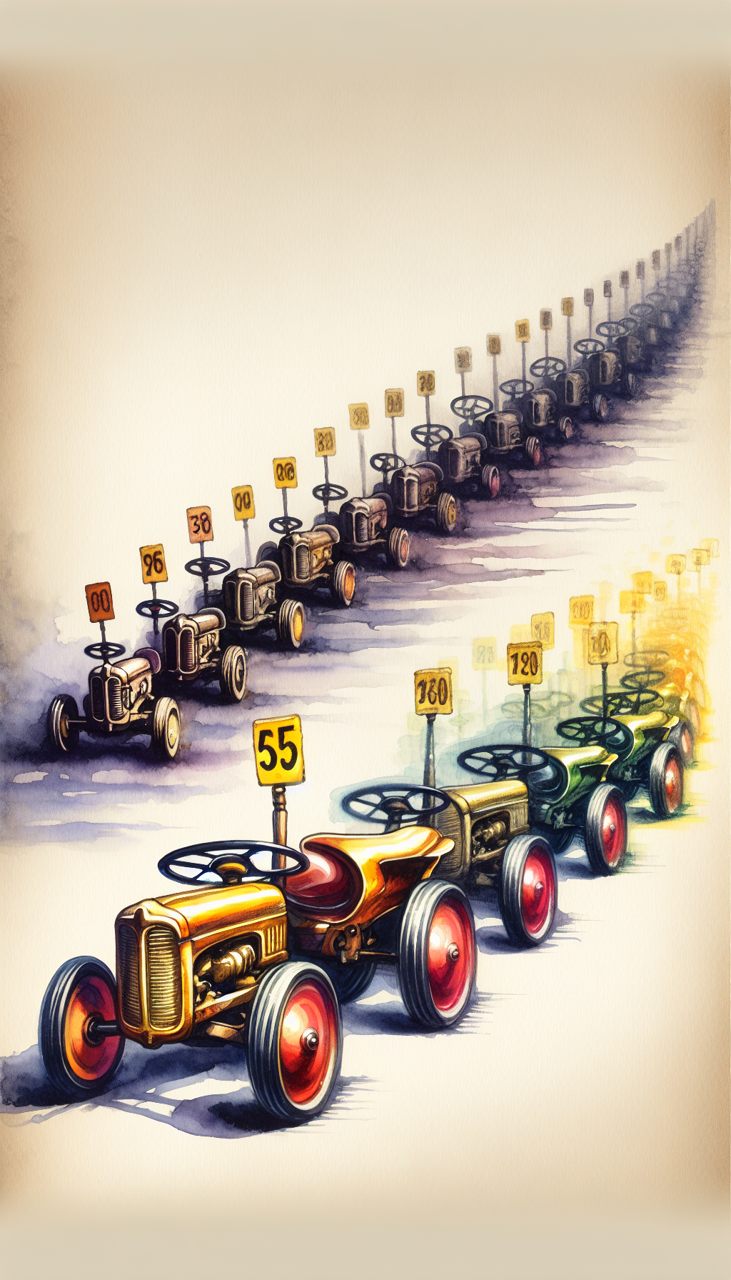 An ethereal watercolor scene capturing a whimsical array of antique pedal tractors fading into the background like memories, with a shimmering golden price tag hanging from the lead tractor's steering wheel, the tag's value variety increasing as it recedes into the past, subtly representing their growing worth over time.