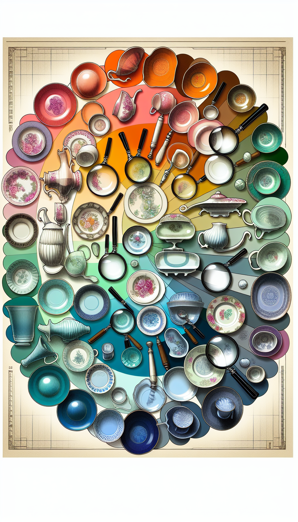 A vibrant montage of translucent vintage Fire-King dishware in an array of colors, fading from pastel tints to bold shades, artfully overlaid with translucent, sleuth-like magnifying glasses scrutinizing rare patterns. The finishes are textured within the illustration: opalescent for Pearl Luster, matte for Jadeite, and glossy for Azurite. The dishware forms an arc, creating a chromatic encyclopedia of Fire-King's history.