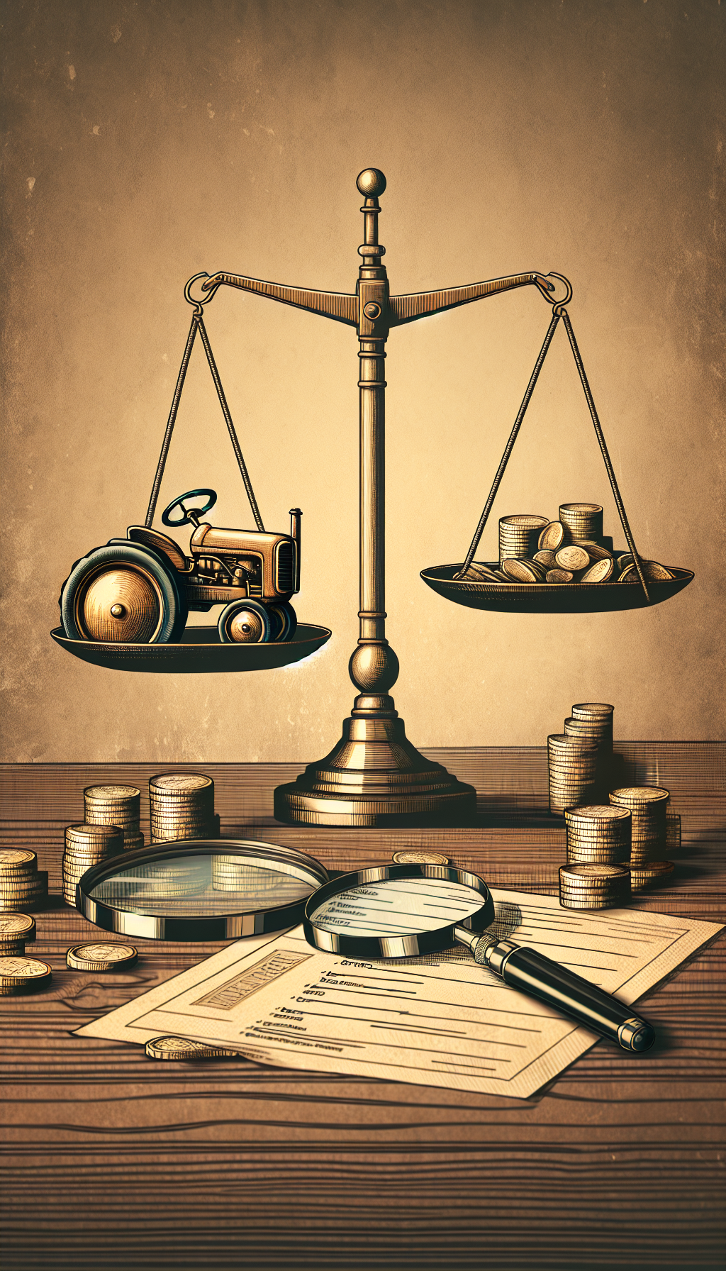 An antique pedal tractor is featured as the centerpiece on an appraiser's balance scale, teetering over a pile of gold coins and a magnifying glass examining a checklist on the other side. Subtle textures suggest a sepia-tinted, vintage ambiance, while line art overlays illustrate key factors like rarity and condition, weighing their significance in determining the tractor's value.