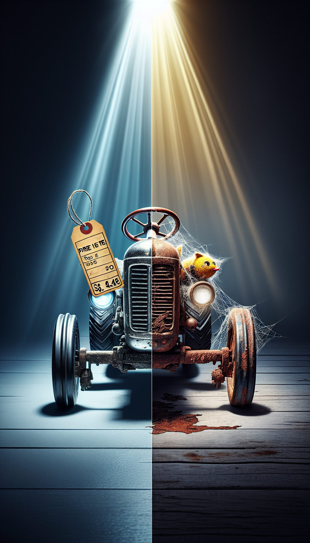 An illustration depicts split imagery; on one side, a gleaming, restored antique pedal tractor bathed in a spotlight with a price tag hanging from its handle, showcasing its high value. On the other, a rusted counterpart sits neglected with a diminished price tag, cobwebs implying its long-standing disrepair. Vintage style price tags and a glimmer effect demonstrate the contrast in conditions and values.