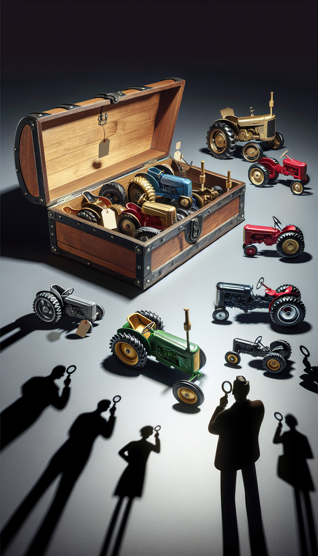 An intricately detailed treasure chest overflowing with beautifully rendered miniature pedal tractors of various vintage styles—like shiny chrome, rustic cast iron, and vibrant primary colors—each with a price tag hanging from them, showcasing their high values. In the background, silhouettes of eager collectors with magnifying glasses examine the rare finds, reinforcing the allure and exclusivity of the collectors' corner.