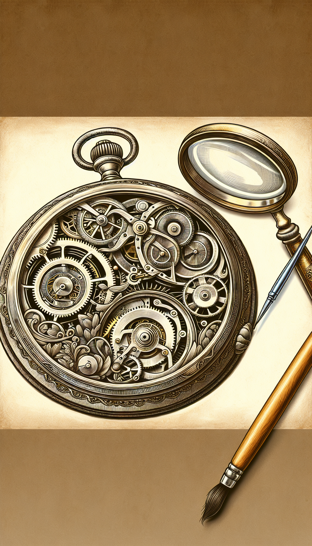 The illustration depicts an antique pocket watch with translucent gears revealing a timeline inside, where each gear is intricately etched with key design features from different eras, such as Art Nouveau swirls or Victorian filigree. A magnifying glass hovers above, focusing on an emblematic detail to symbolize identification, while stylistic brushstrokes transition between periods across the watch's surface.