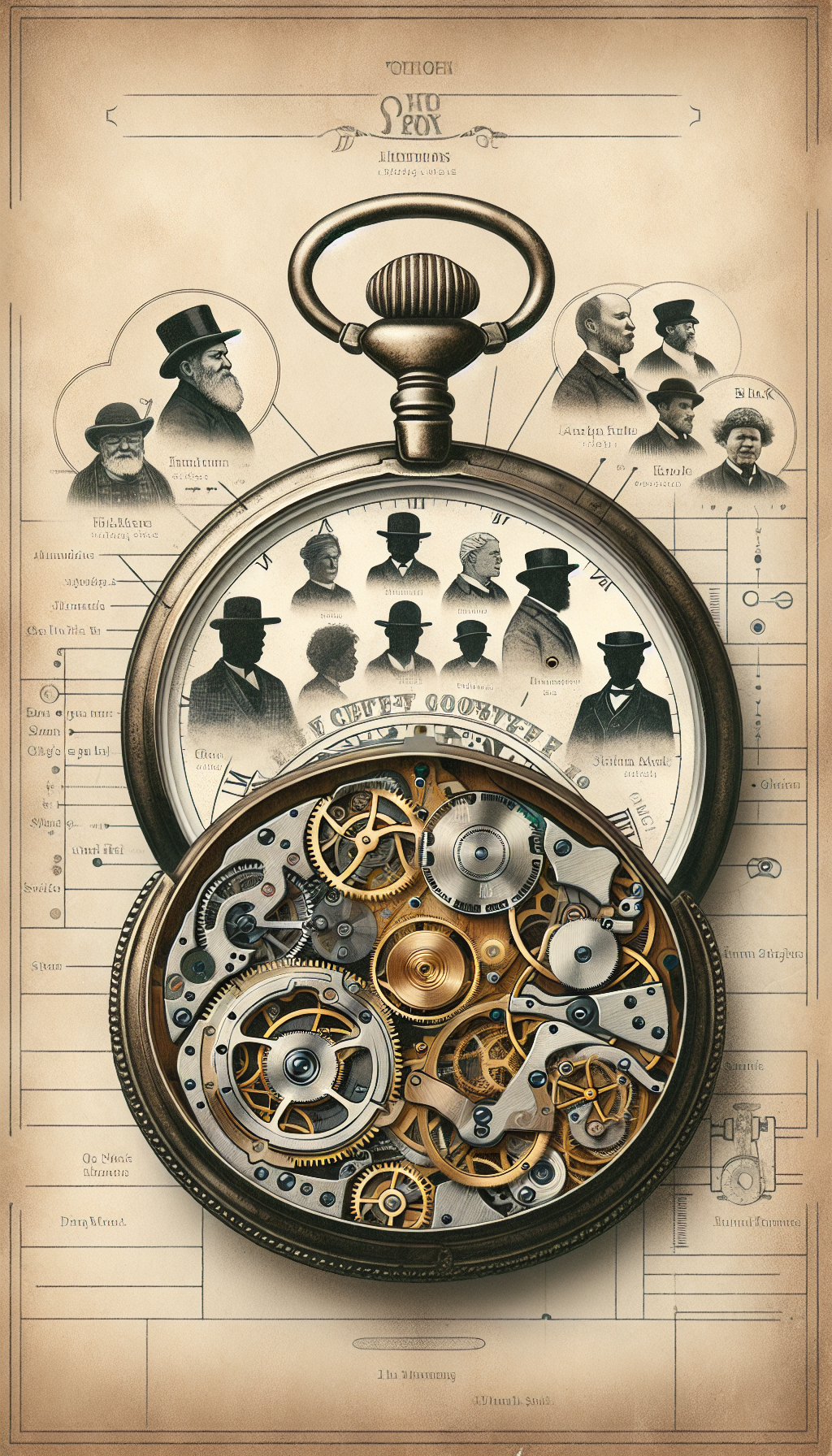 A collage-inspired illustration portrays an antique pocket watch with its back cover opened, revealing an intricate assembly of gears and springs. Ghostly silhouettes of historical watchmakers hover over the mechanism, marking their contributions. Each "maker" is drawn in a distinct style—sketch-like, watercolor, silhouette, and steampunk—symbolizing the diverse innovations within the evolution of timepiece technology.