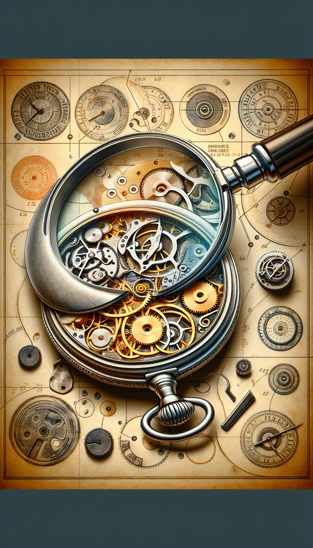 An illustration showcasing an open antique pocket watch, its intricate inner gears exposed, with a magnifying glass hovering above that transforms sections of the gears into high-resolution, colored cutaways, revealing the unique craftsmanship and material quality. Around the watch, faded stamps mark 'silver', 'gold', 'hand-engraved', embodying the process of authenticating and identifying the antique's value and origin.