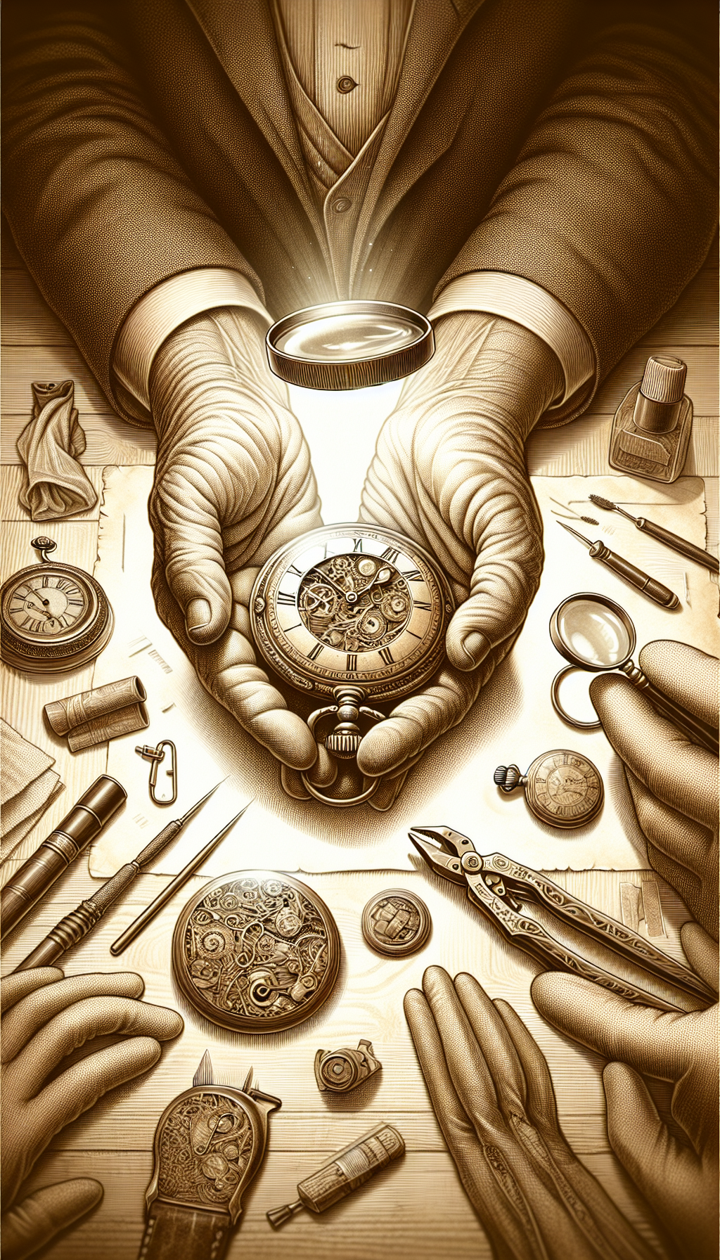 An intricate, sepia-toned illustration showcases an elderly pair of hands cradling a delicate antique pocket watch, its back opened to reveal the engravings. Hovering above, a magnifying glass reveals subtle details and maker's marks, surrounded by smaller vignettes depicting cleaning tools, gloves, and a softly glowing appraisal document. The juxtaposition of old-world charm and meticulous care breathes life into timeless preservation.