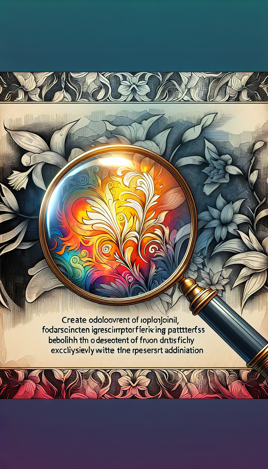 An illustration of an elegant, translucent magnifying glass revealing vibrant, long-lost Fire-King patterns beneath layers of monochrome, forgotten sketches. These rare designs subtly transition from sketch lines to vivid colors only within the focused lens, symbolizing the rediscovery and identification of the once discontinued treasures, hinting at the blend of past obscurity and present appreciation.