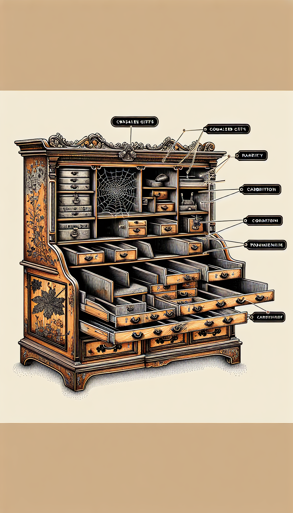 An illustration depicts an open antique secretary desk with lavish woodwork, where each compartment reveals a different factor affecting its value: rarity, condition, provenance, and craftsmanship are visually represented as hidden treasures. Intricately drawn lines form delicate spider webs and patina effects, symbolizing age, with price tags attached to each factor, floating like leaves, showcasing the desk's valuation layers.