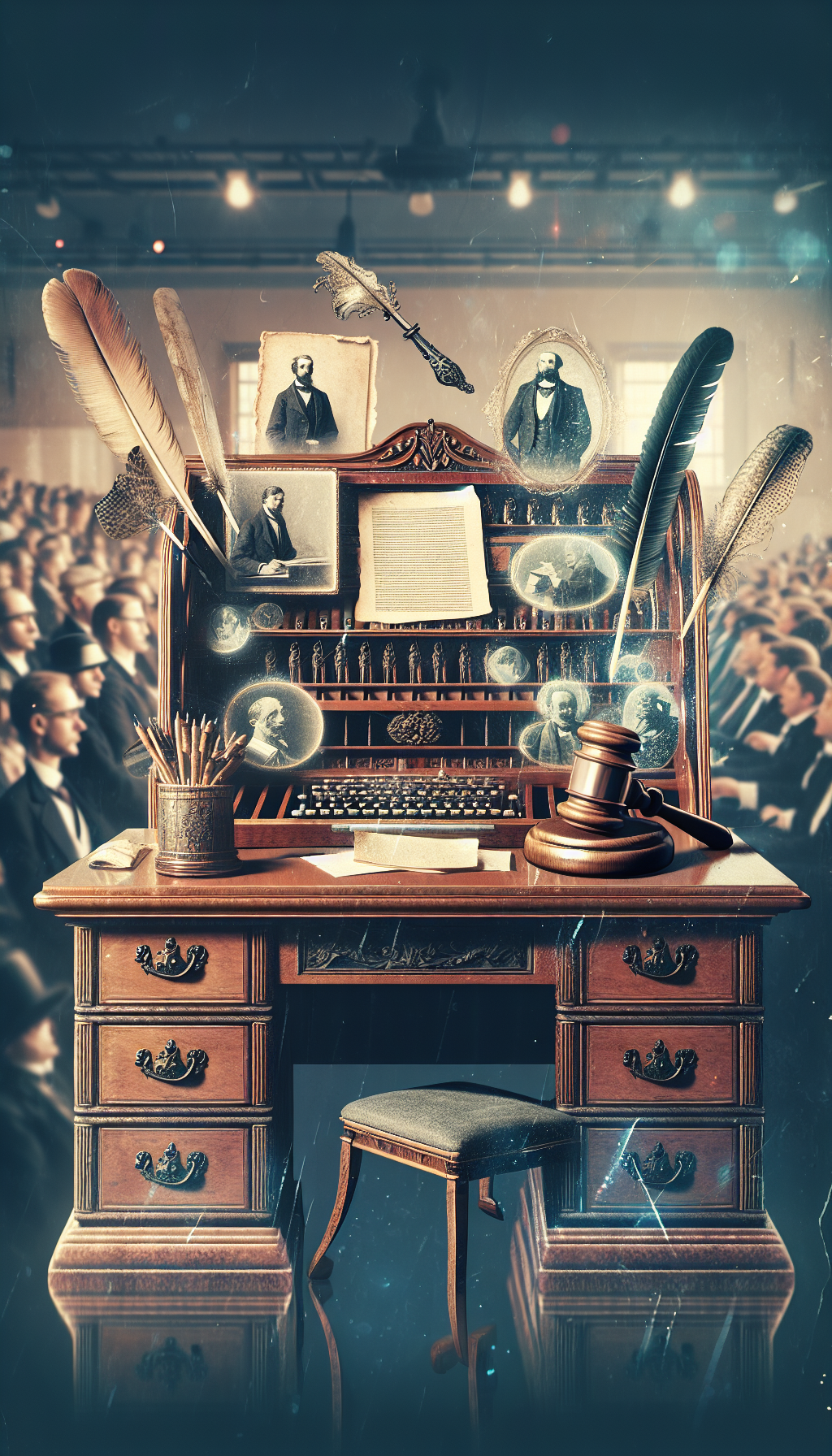 A vintage secretary desk stands prominently, its drawers overflowing with illustrious manuscripts and precious quills. Echoing in the background, translucent figures of historical icons pen letters, while a looming gavel hints at a bustling auction scene. The entire image is overlaid with a shimmering patina, symbolizing the desk's age and desirability, set against a backdrop of admiring crowds.