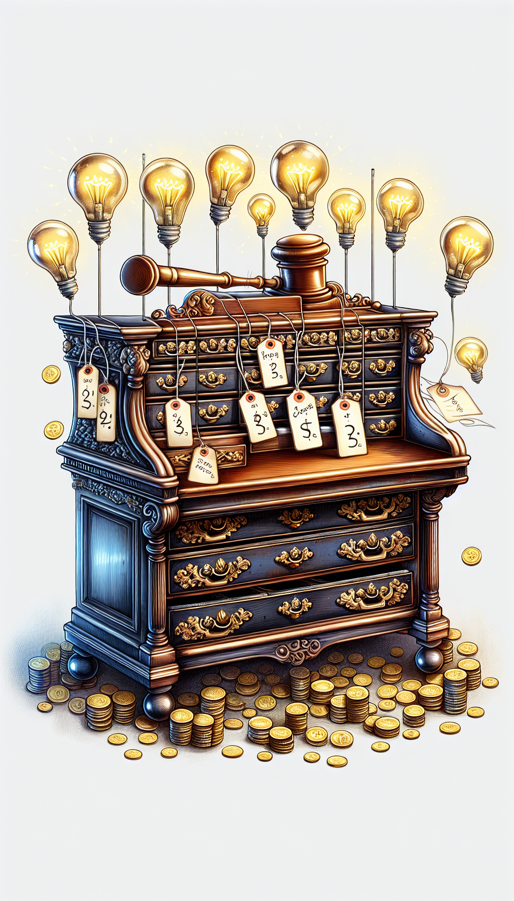 An elegant hand-painted illustration depicts a gleaming antique secretary desk with price tags hanging from ornate pulls. Bursting from the desk's cubbies, cartoonish lightbulbs, each illustrating smart selling tips—photography, provenance, restoration—hover above. The desk sits on a platform of coins, subtly indicating rising value, with a gavel poised above, suggesting the excitement of an auction bid.