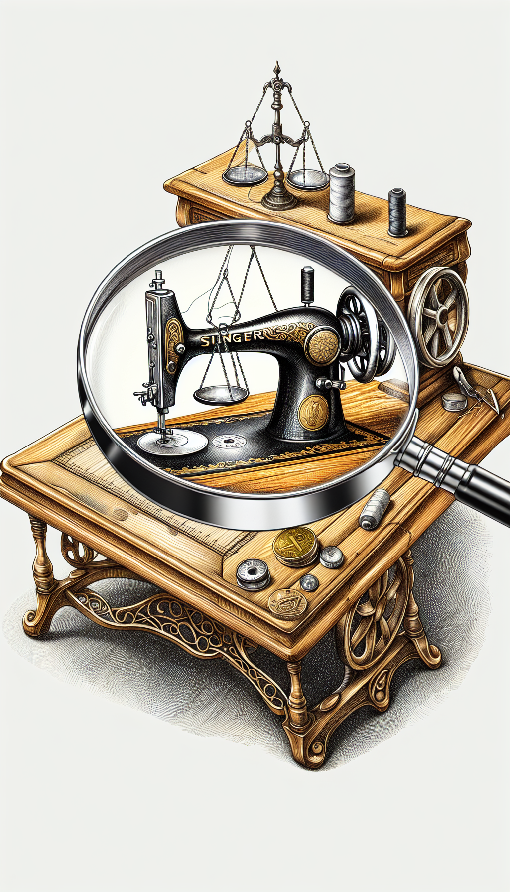 An illustration of a magnifying glass hovering over a meticulously detailed antique Singer sewing machine table, its wooden textures and metal components highlighted to signify scrutiny. A scale balances a thread spool and a golden coin on either side, symbolizing the assessment of craftsmanship and value. The image juxtaposes sketch-like outlines with photorealistic shading to convey the blend of evaluation and historical worth.
