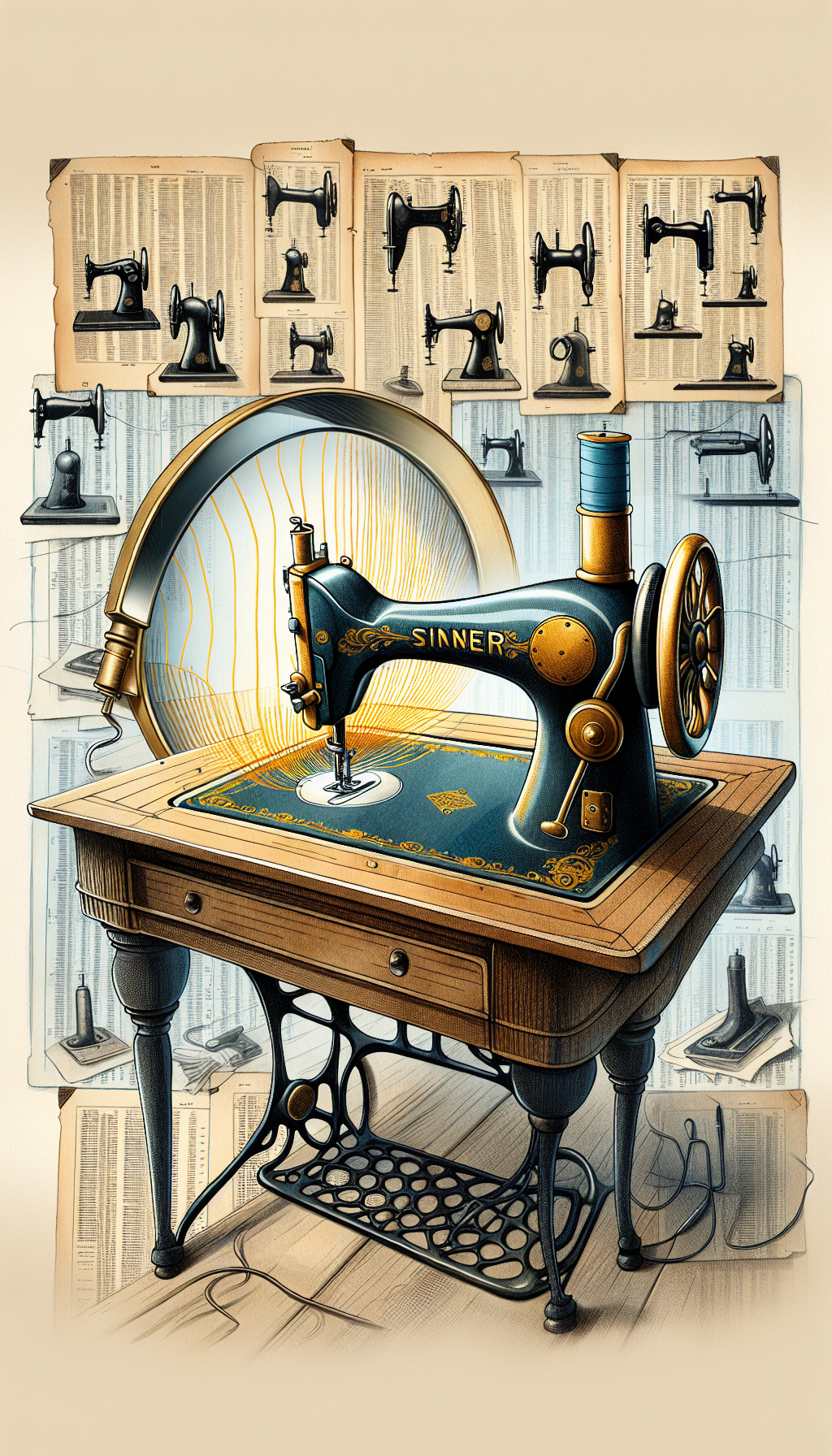 An antique Singer sewing machine morphs into a detective, with a magnifying glass examining its serial number, against a backdrop of a vintage catalog listing models and rarities. The table radiates golden lines to signify value, blending into an auction hammer about to strike. Sketched, watercolor, and vector elements create a dynamic, visually diverse scenery.