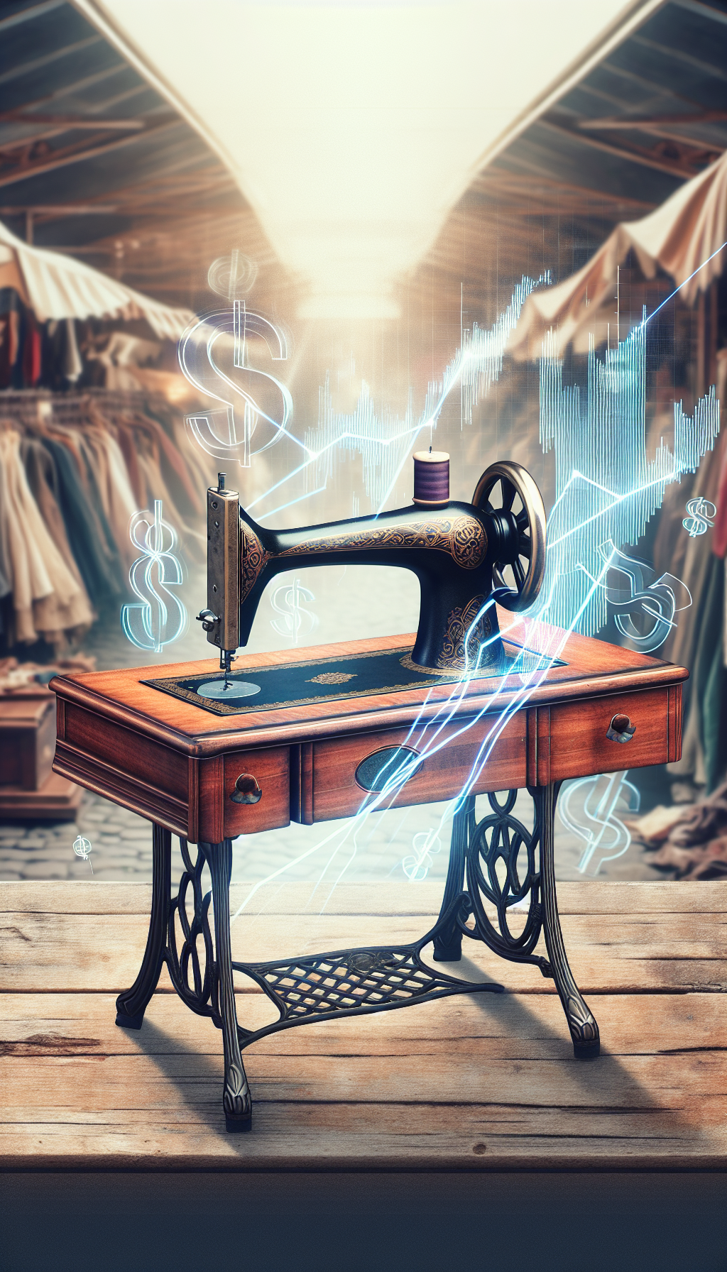 An elegant illustration portrays a half-open antique sewing table with a faded Singer logo, amidst a bustling vintage market scene. Through translucent trend lines and floating dollar signs emerging from the table, the image juxtaposes the warmth of burnished wood with cold analytical graphs, symbolizing the intersection of historical allure and current market valuation.