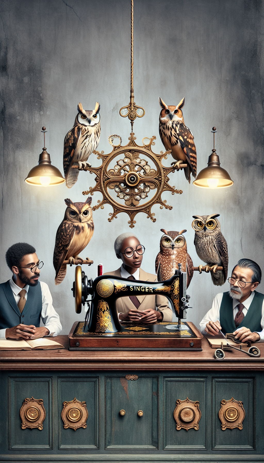 An illustration of an elegantly aged antique Singer sewing machine table, with its intricate details and golden filigree, artfully serves as the centerpiece. Around it, a trio of wise owls sporting eyeglasses and measuring tapes, to denote wisdom and precision, are perched on various parts of the table, each whispering valuation tips into the ears of curious collectors gathered around, eager to learn its worth.