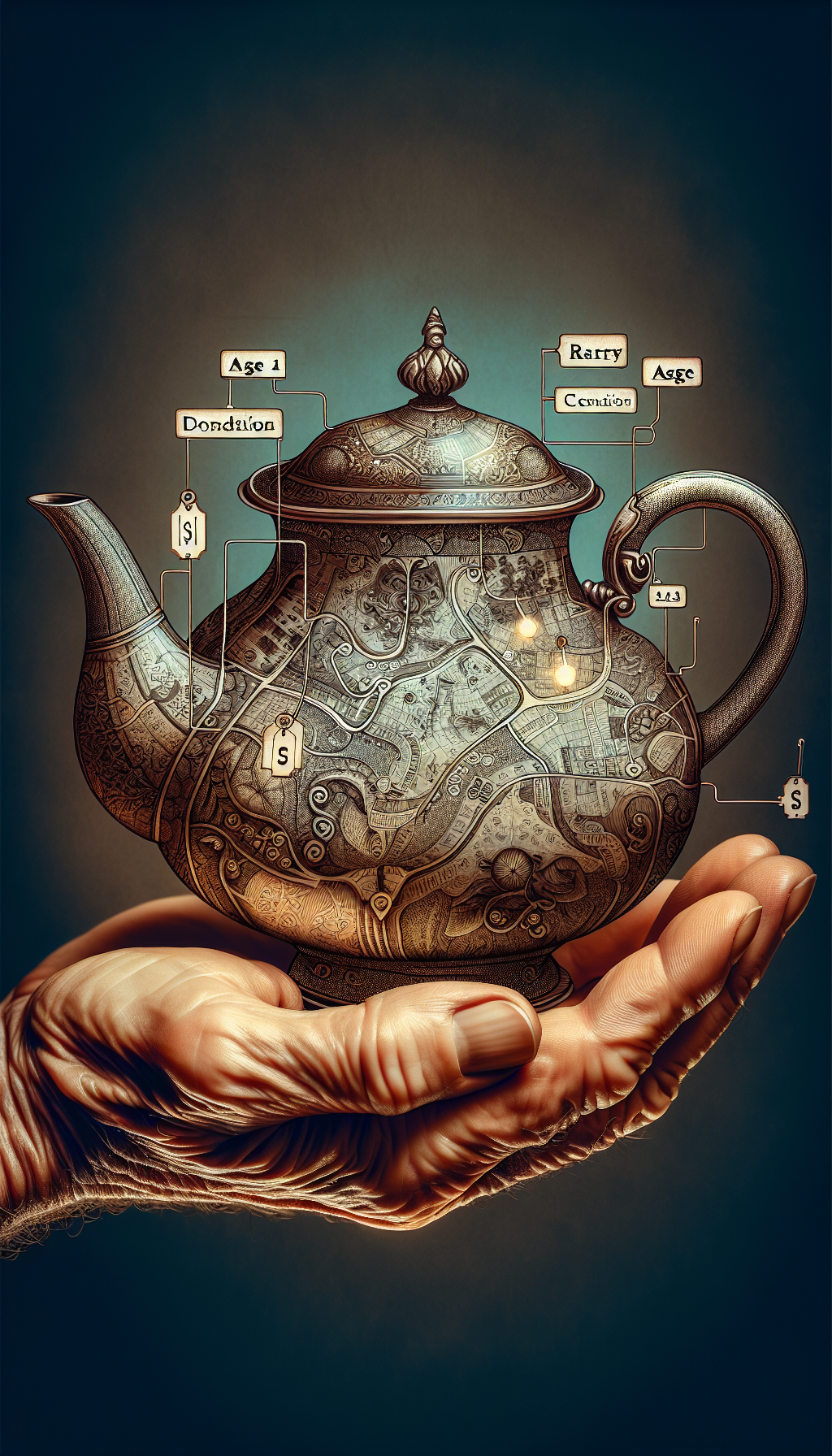 An elegantly aged hand is gently cradling an ornate antique teapot, which seamlessly transitions into a treasure map, with key value-influencing factors such as rarity, age, and condition marked as destinations. Intricate patterns and a shimmering price tag intertwined with the handle suggest the teapot's allure and worth, capturing the essence of the post in a visual metaphor.