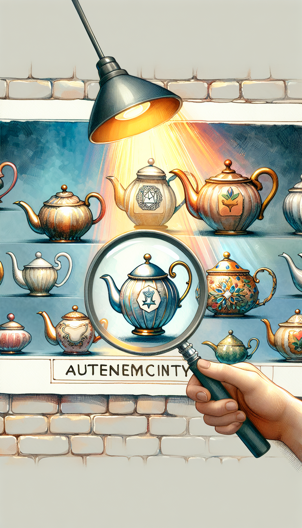 An intricate, whimsical illustration depicts a magnifying glass hovering over a collection of ornate teapots, each spotlighted with a beam that transforms into an authenticity certificate or hallmark symbol. Varied strokes and watercolor shades hint at the diversity of styles and eras, while subtle glimmers on the pots' surfaces evoke the high value of authentic antique teapots.