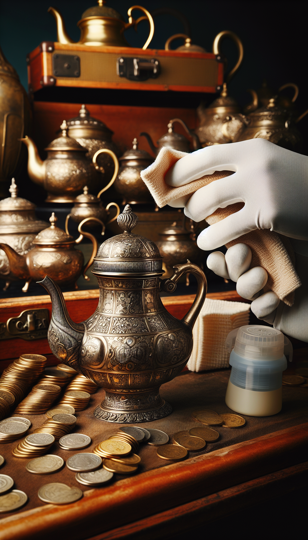 An intricate illustration depicting a vintage, ornate teapot being carefully polished by delicate, gloved hands against a backdrop of shimmering gold coins and gleaming teapots on antique shelving. The contrast of a modern maintenance kit (soft cloth, gentle cleanser) with the historical pieces emphasizes the value preservation of the timeless collection.