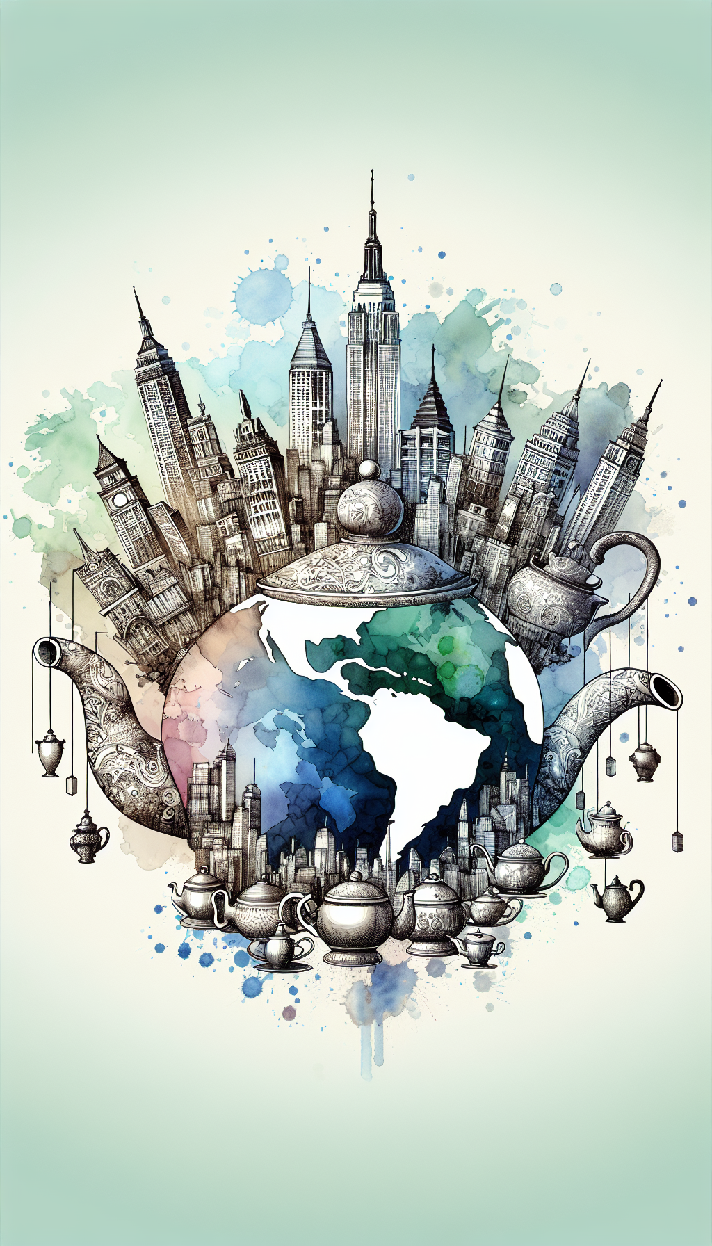 A whimsical, globe-spanning skyline where landmark silhouettes transform into intricate antique teapot spouts and handles, each echoing its cultural origin; in the foreground, a translucent world map teapot with price tags dangling off renowned teapots, symbolizing their varying values, all rendered in a fusion of watercolor splashes and fine line-art to evoke the melding of historic aesthetics and worth.