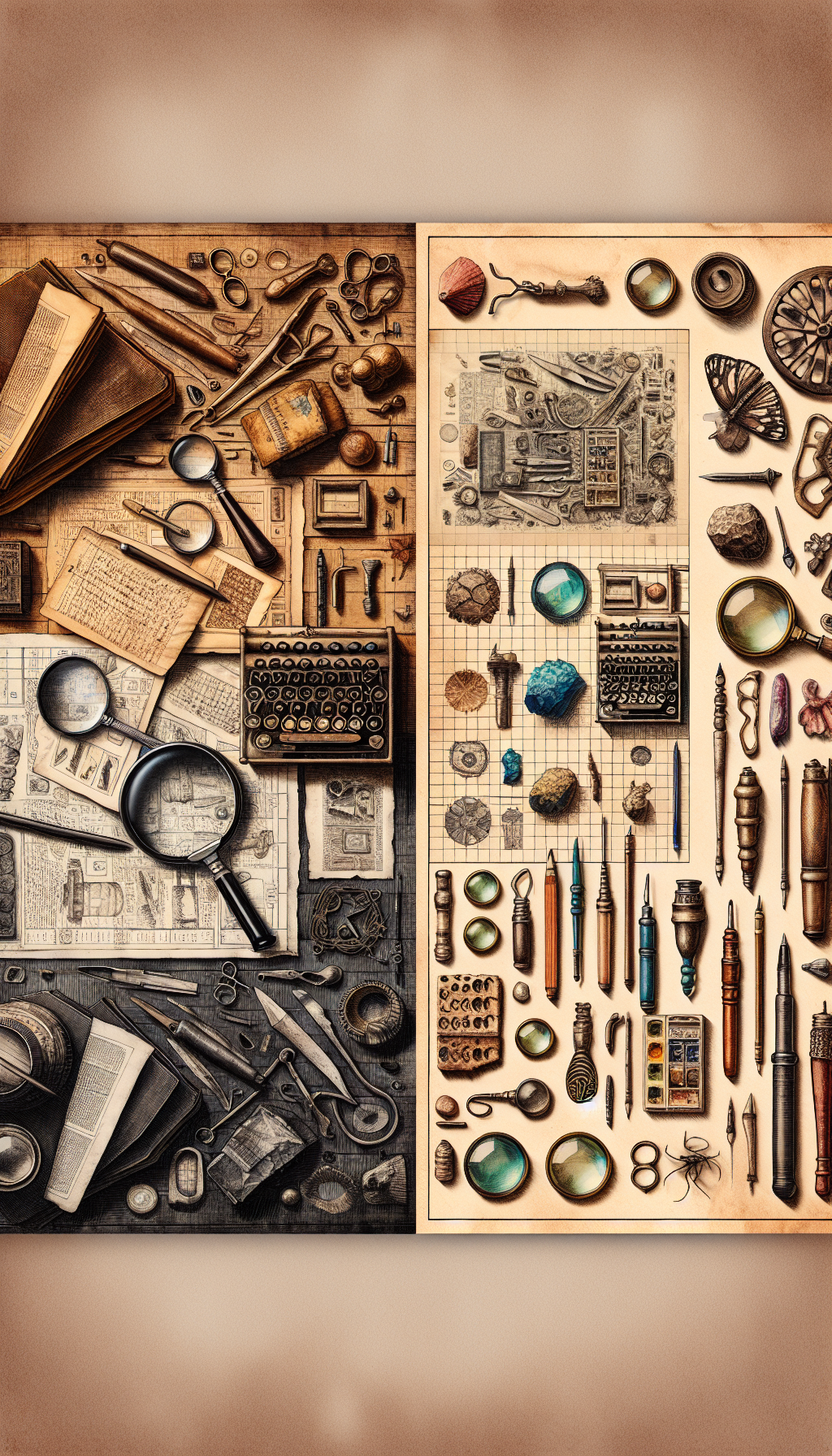A whimsical collage, half sepia-toned Victorian sketch, half bright watercolor imagery, portrays an archeologist's desk. Vintage magnifying glasses enlarge details on weathered tools scattered amid old manuscripts. Lined and grid paper sections, each with a different tool, suggest a beginner's chart for identification, merging past and present insights into the art of antique tool discovery.