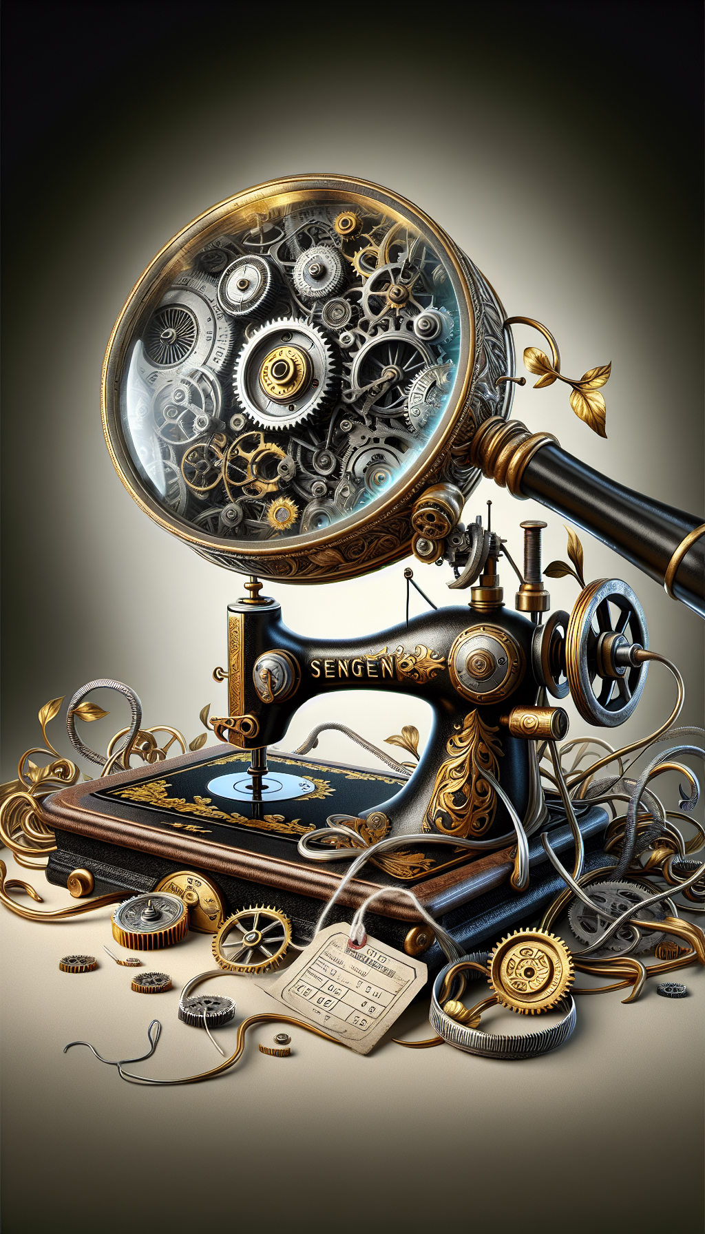 An illustration showcases a whimsical steampunk magnifying glass hovering over a classic Singer sewing machine, revealing cogs with embossed date marks. The machine's base entwines with a price tag displaying a hefty sum while intricate vines of gold and silver thread—symbolizing value—twist around the frame, fusing nostalgia with the allure of treasured antiques.