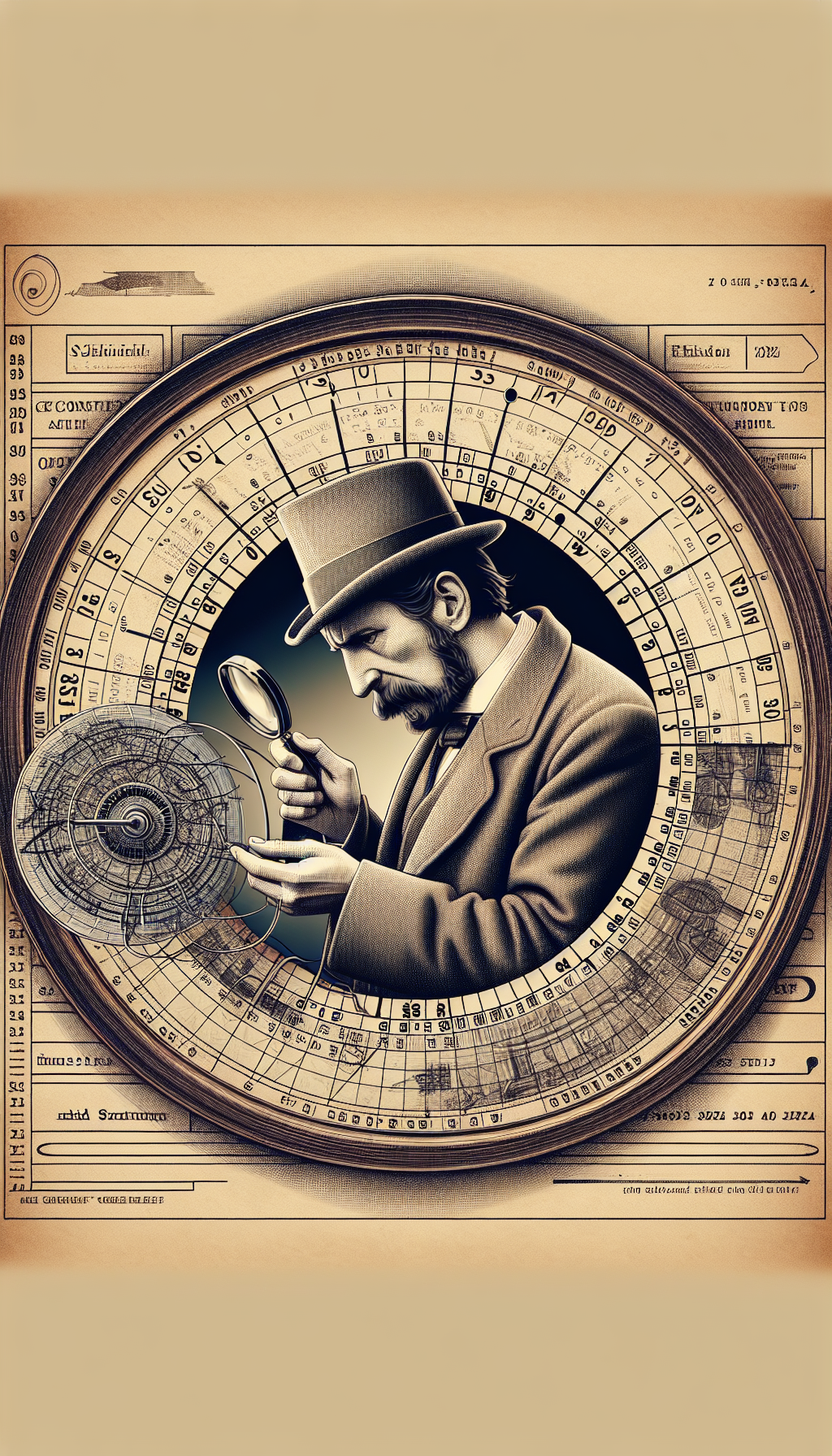 An illustration depicting Sherlock Holmes examining a magnified antique tool with a magnifying glass, surrounded by a semi-transparent clock face with dates and eras marked around the edges. Shifting styles within the image, the tool is rendered in hyper-realistic detail, while elements of the clock transition into vintage etchings, symbolizing the merging of modern analysis with historical context for precise tool dating.