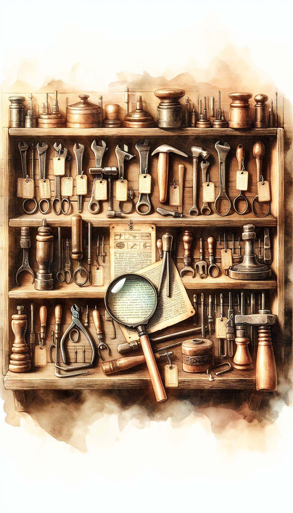 A rustic wooden shelf displays an array of well-maintained antique tools, each tagged with a small, delicate parchment label illustrating its name and era. A magnifying glass leans against an aged hammer, symbolizing the identification process, while soft, transparent overlays show gentle cleaning actions, preserving the integrity of these historical artifacts. The image exudes an antiquarian charm in watercolor hues.