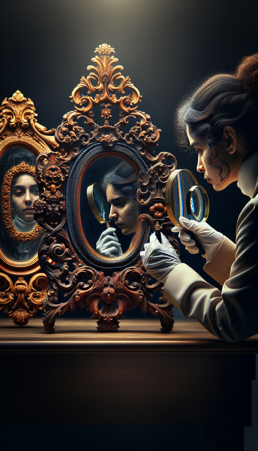 In the illustration, a figure of an appraiser with a magnifying glass is gazing intently at a beautifully ornate antique vanity mirror that reflects various states of itself in different styles—the Baroque, Victorian, and Art Nouveau. Each reflection also subtly transitions from pristine to patinated, symbolizing the valuation process based on craftsmanship and condition.