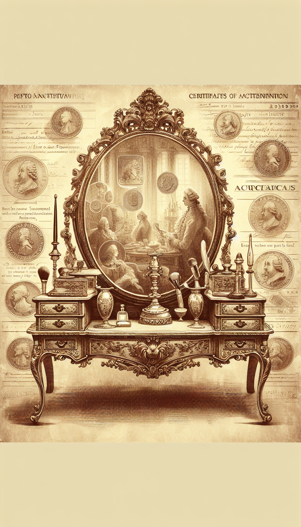 A sepia-toned illustration depicts an ornate antique vanity with a gilded mirror reflecting a collage of historical vignettes—aristocrats applying perfume, ancient auctions, and certificates of authenticity—superimposed with translucent currency symbols, conveying the vanity's rich provenance and esteemed value through the ages. Each timeframe is rendered in a distinct art style, from baroque to impressionism.