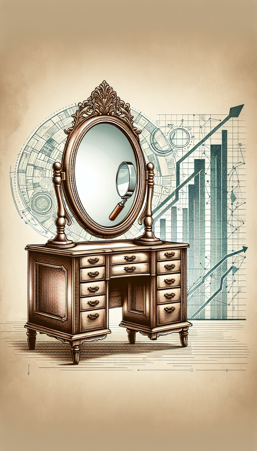 An illustration of a classic ornate antique vanity with a mirror stands prominently in the foreground, with a background mosaic of faded newspaper clippings and stock graphs depicting rising market trends. A magnifying glass hovers over the vanity, symbolizing the assessment of its value, while a vector line in the shape of an upward arrow reflects its growing demand.