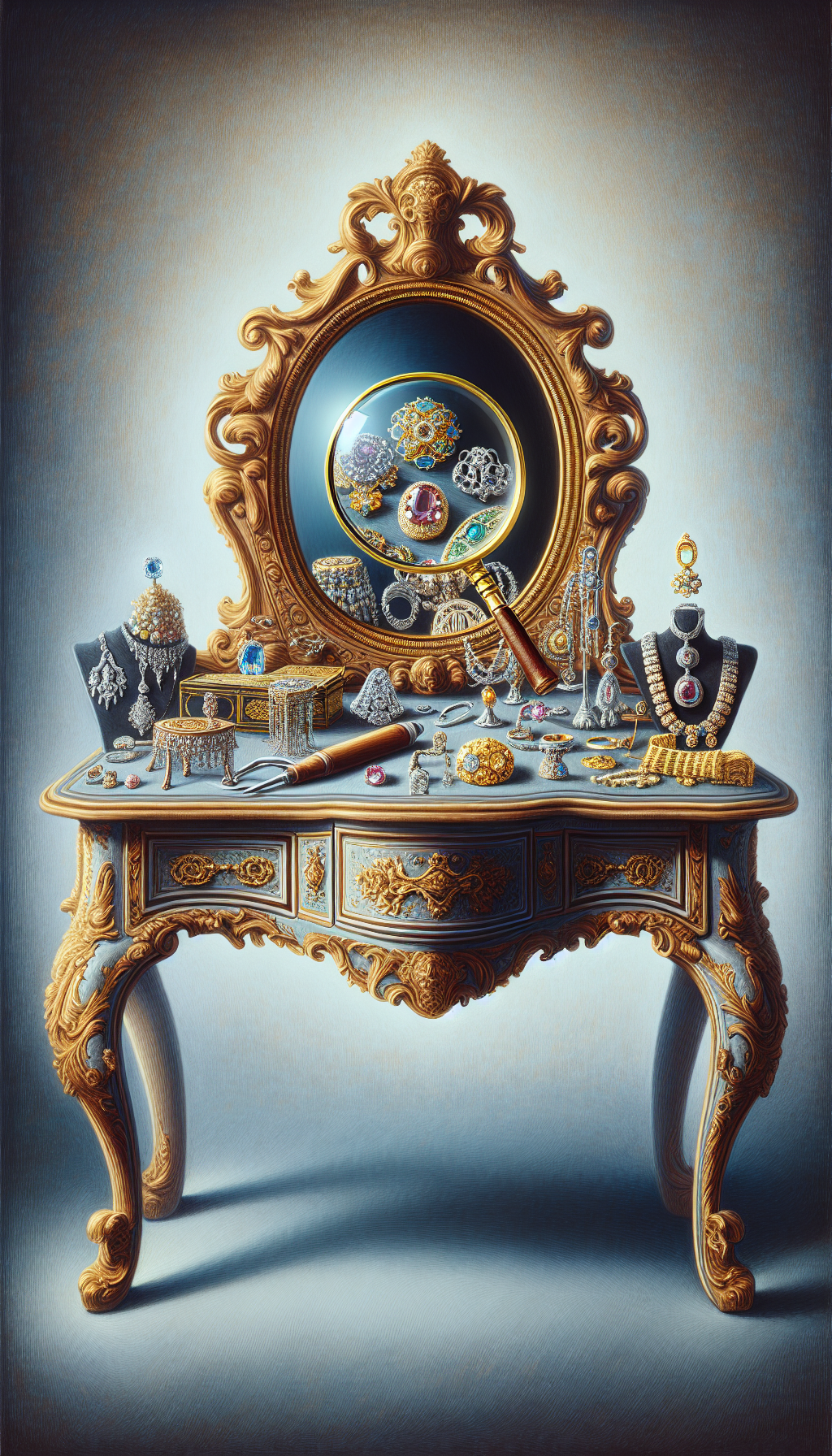 An illustration depicts a beautifully detailed antique vanity with an ornate mirror reflecting a variety of heirloom jewelry. A magnifying glass hovers over the items with a visible expert eye peering through, signifying professional appraisal. The style veers from realistic details on the vanity to impressionistic reflections in the mirror, emphasizing the blend of tangible value and expert interpretation.
