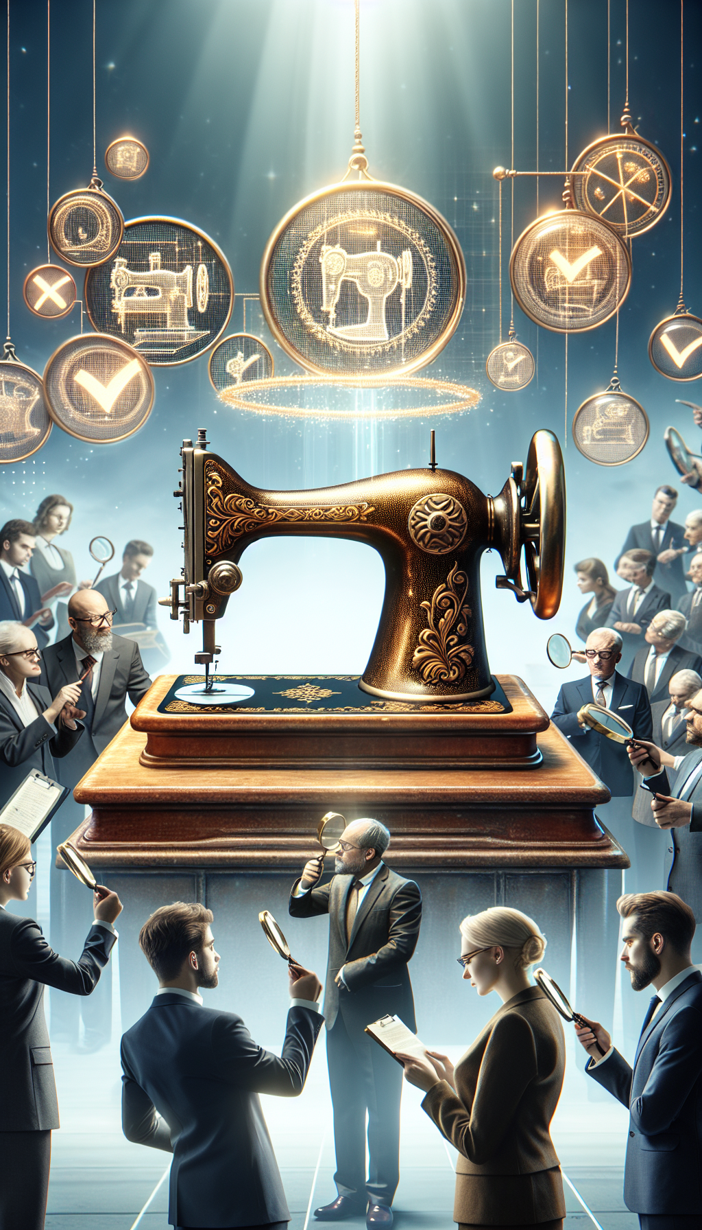 In the foreground, a stylized vintage Singer sewing machine, its intricate scrollwork casting a golden glow, sits atop an auction block, encircled by discerning collectors peering through magnifying glasses. Behind, a ghosted checklist floats, highlighting key features — condition, rarity, model. Each tick on the list sends a shimmer of increased value along the machine's antique form, emphasizing its worth.