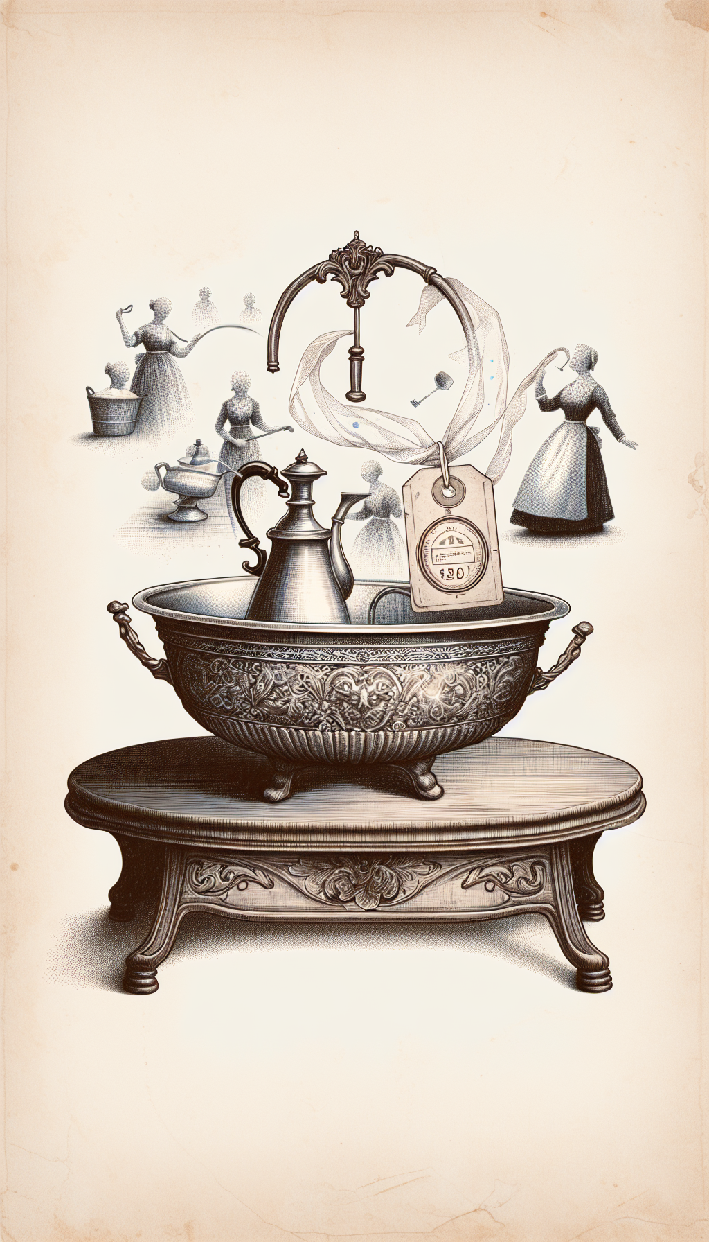 An illustration showcasing an elegant Victorian-era wash basin and pitcher, exquisitely detailed and placed upon an antique wooden stand. Surrounding the setup, ghostly outlines of a bygone era's figures perform morning ablutions. Glowing softly above the pitcher, a price tag dangles from a translucent ribbon, hinting at its high value, blending vintage allure with the modern appeal of collecting antiques.