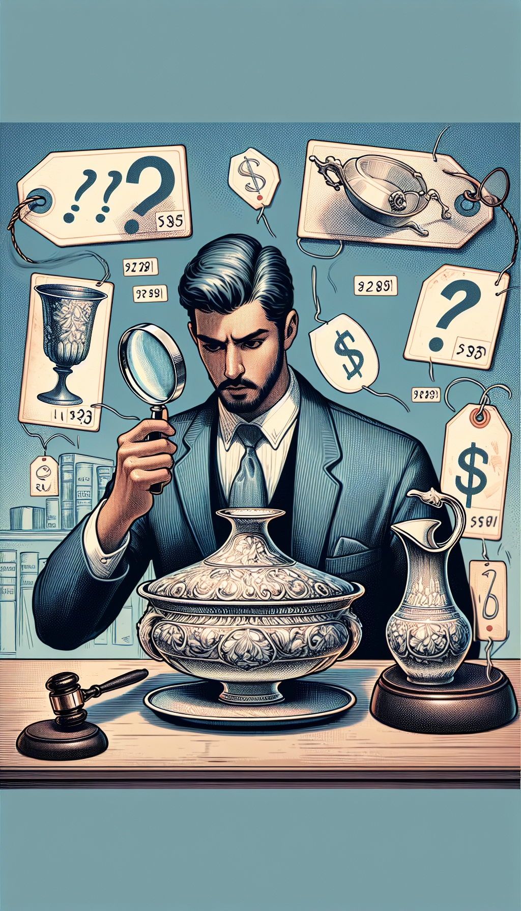 An illustration depicting an elegantly dressed antique appraiser holding a magnifying glass, peering closely at a beautifully detailed antique wash basin and pitcher set. Various translucent price tags float above the set, with question marks and vintage-inspired dollar sign sketches, symbolizing the evaluation process. The appraiser’s desk is strewn with reference books and auction gavels, hinting at the research involved in valuation.