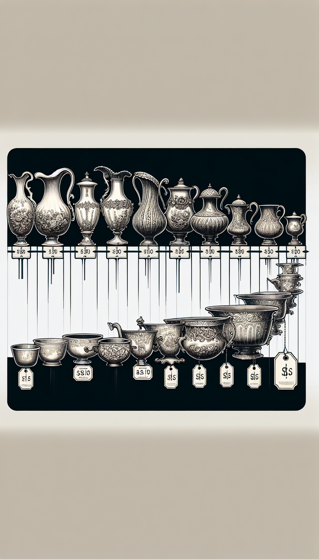 An elegant illustration showcases a timeline with detailed, ornate Victorian pitchers and basins at one end, gradually transitioning to simple, understated Edwardian styles at the other. Amidst them, a translucent price tag weaves through the timeline, changing in size to indicate fluctuating values, subtly blending with each period's design. This suggests the value variations of antique wash basins and pitchers across different historical styles.