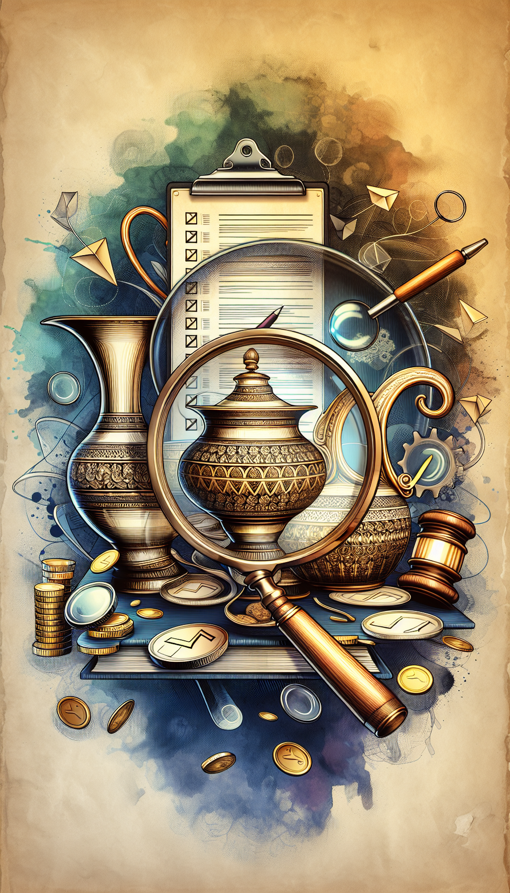 An illustration displaying an ornate, translucent overlay of a collector's magnifying glass centering on the intricate hallmark of an antique wash basin and pitcher set, highlighting its authenticity. Surrounding the focal point, a checklist hovers with golden checkmarks while coins and an auction hammer subtly emphasize the value aspect. The background shifts from a vintage parchment style around the checklist to a vibrant watercolor at the edges, symbolizing the blend of history and worth.