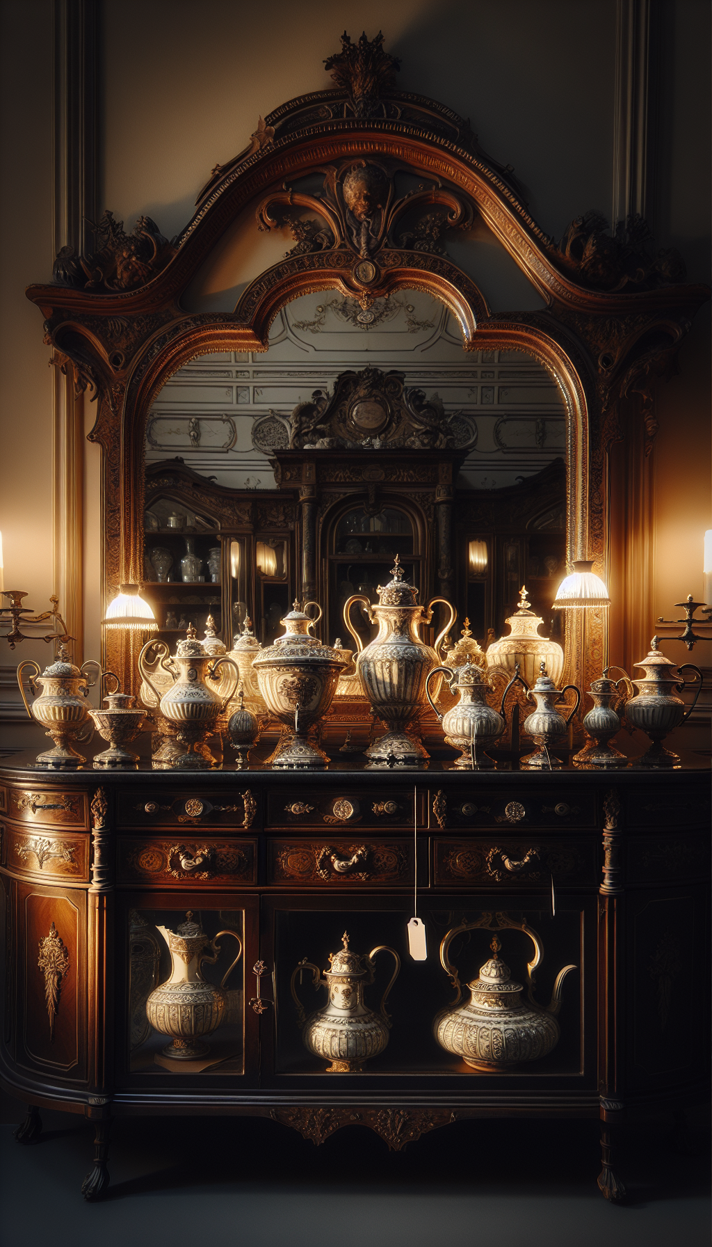 An elegant Victorian-style sideboard displays a curated collection of pristine antique wash basins and pitchers, each basking in a spotlight that casts a soft gleam on their intricate designs. A series of price tags subtly dangle from the pieces, with a large, ornately framed mirror behind them reflecting their perceived value and the proud legacy of their craftsmanship.