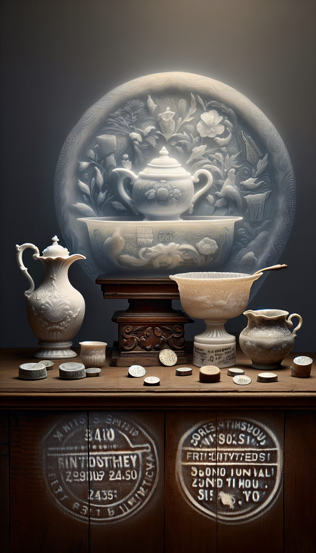 A translucent overlay of delicate porcelain patterns fades into the sturdy texture of ironstone, as a Victorian pitcher and basin rest atop an ornate wooden stand. Beneath them, ghostly imprints of hallmark stamps and maker's marks whisper their histories. The distinct contrast in materials is unified by glinting price tags, hinting at the treasure-like value of these antiques.