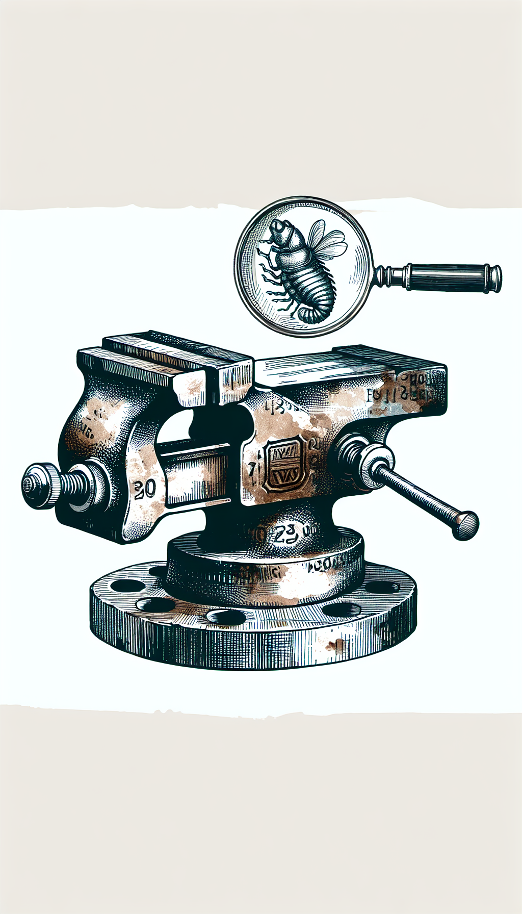 An illustration depicts an ancient vise, its rugged surface etched with the ghostly patina of age. Magnifying glass hover above, revealing decipherable manufacturer's stamps and year markings. The juxtaposition of sketched linework and watercolor textures emphasizes the contrast between the vise's steadfast form and its delicate historical signatures.
