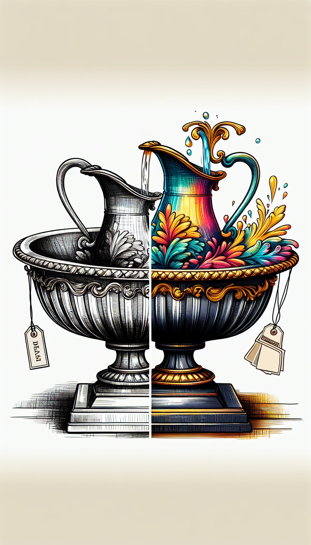 An illustration blending a sketched vintage wash basin and pitcher on an ornate stand transitions from fine line art to a vibrant, colorful collectible version with gold leaf accents. Each segment of the wash basin evolves in detail and hue, underlined by price tags increasing in value, symbolizing its journey from a functional item to a prized antique collectible.