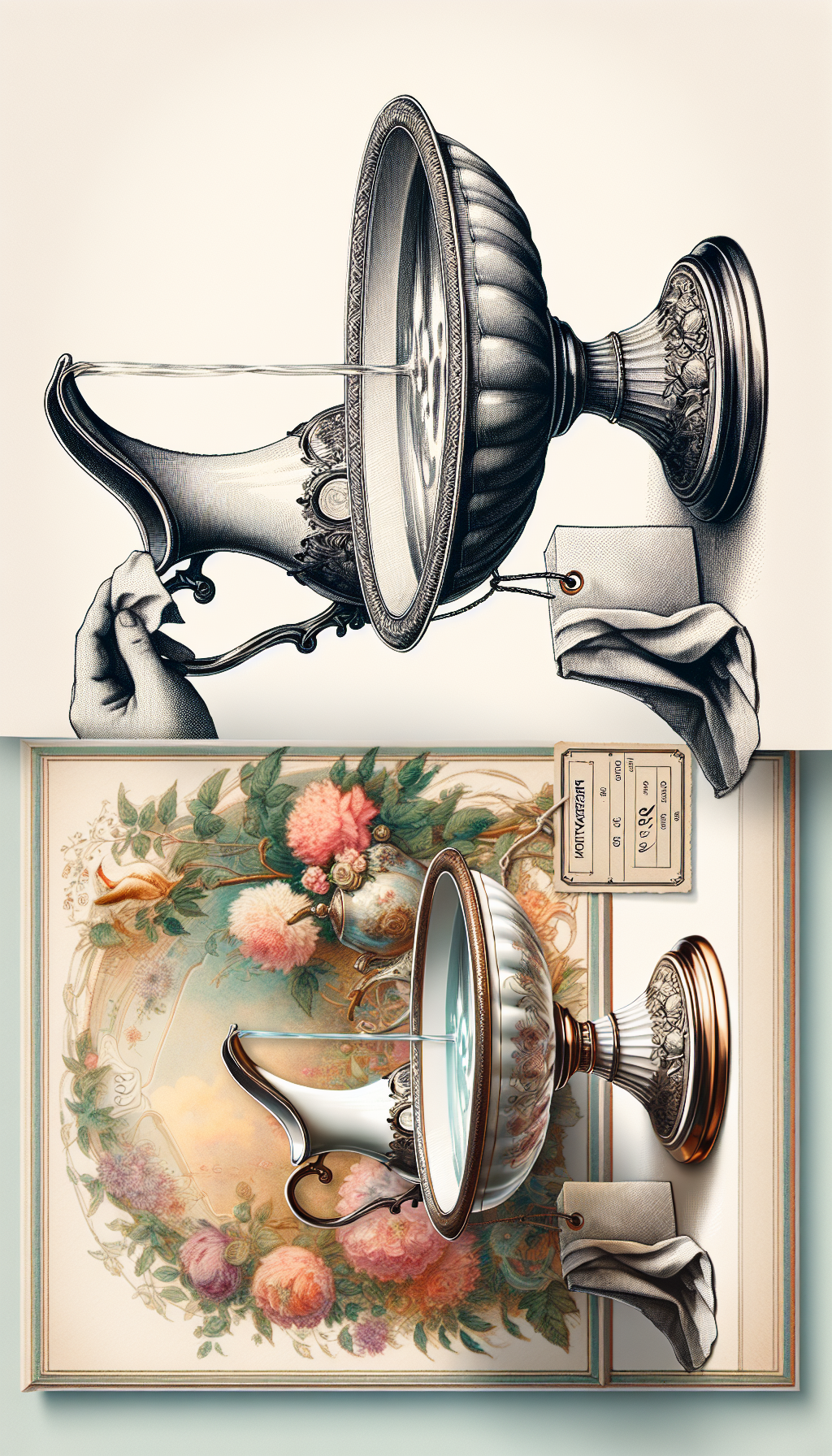 An image depicting an elegantly drawn antique basin and pitcher with stand, glowing gently to denote value. Half is drawn in fine Edwardian line art, showing 'preservation' techniques like a soft cloth dusting it, while the other half is vibrant with watercolor, illustrating 'display' ideas amidst vintage floral motifs. A label hanging from the stand reveals a high price tag, signifying its worth.