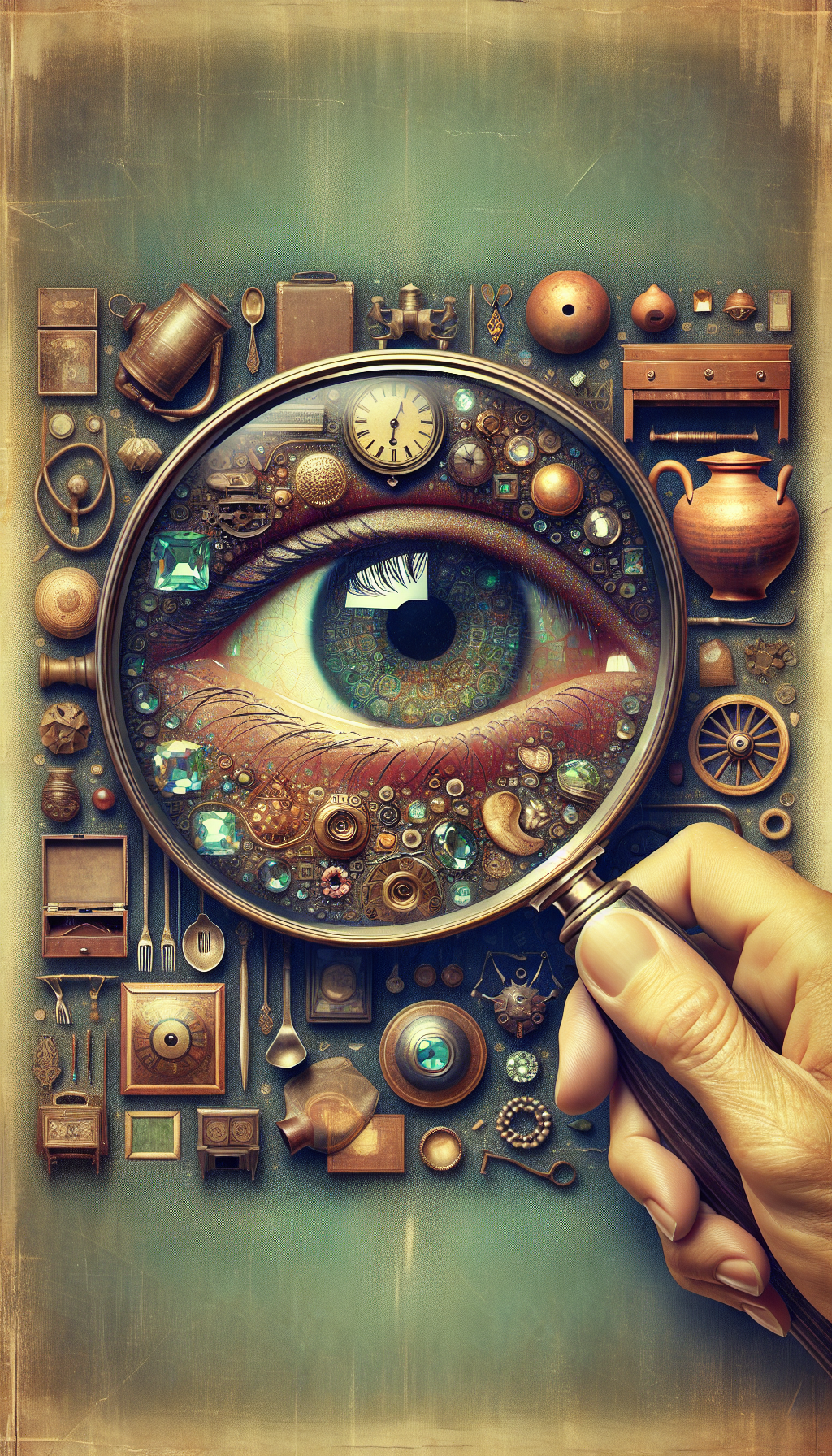 A vintage magnifying glass focusing on a collage of antique items—a clock, jewelry, and pottery—reveals shimmering, ethereal alphanumeric values superimposed on each piece, symbolizing their assessed worth. The magnifying handle and surrounding space morph into the appraiser's discerning eye, with the reflection of other antiques awaiting evaluation in the pupil, weaving the human element with the art of valuation.